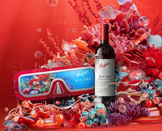 Penfolds bottle surrounded by deep sea thematic