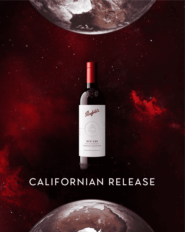Bin 149 bottle between two globes. Text: Californian Release
