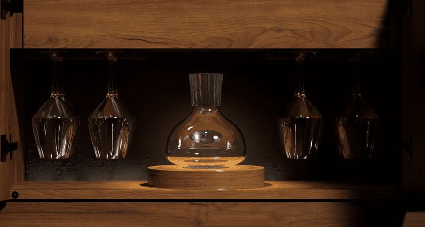 Glassware in hidden section of Grange record player console