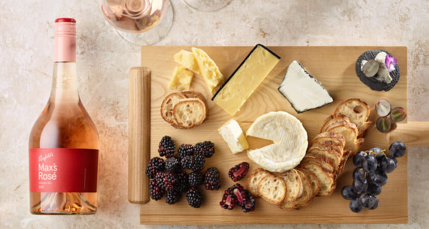 Penfolds Max's Rose next to a cheeseboard