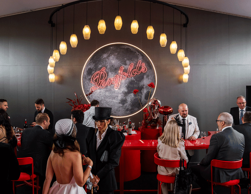 Crowd mingle in the Penfolds Birdcage Marquee