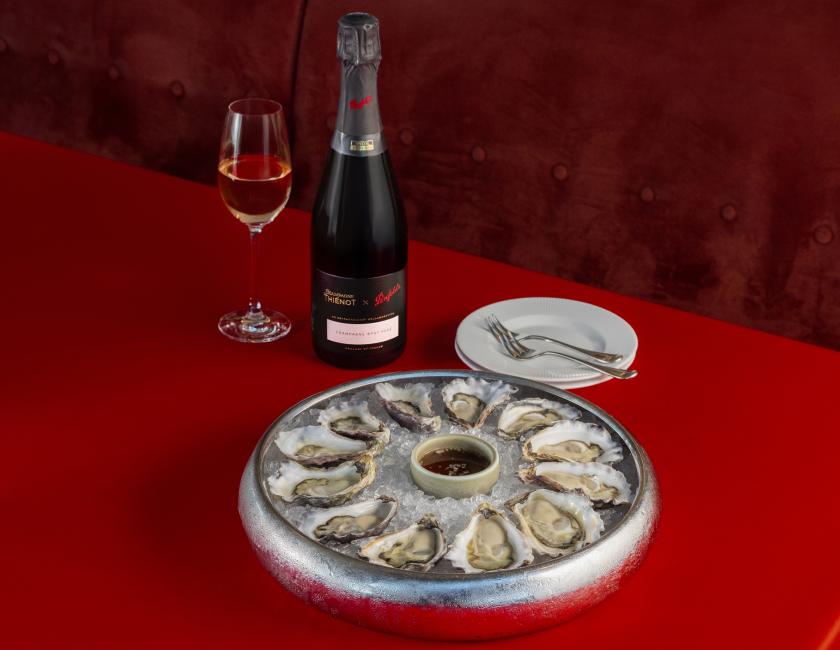 Penfolds champagne alongside oysters