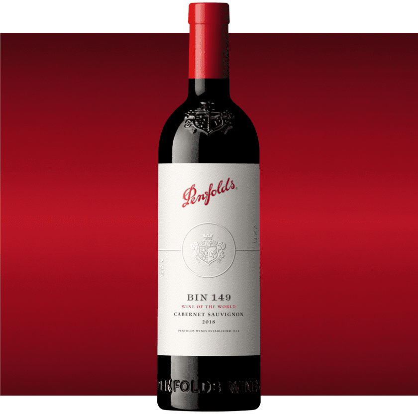 Bin 149 Cabernet bottle against a red background