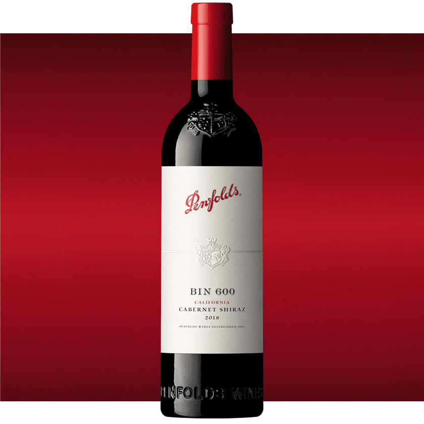 Bin 600 Cabernet Shiraz bottle against a red background