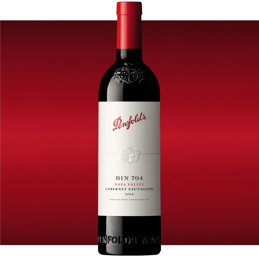 Bin 704 Cabernet bottle against a red background