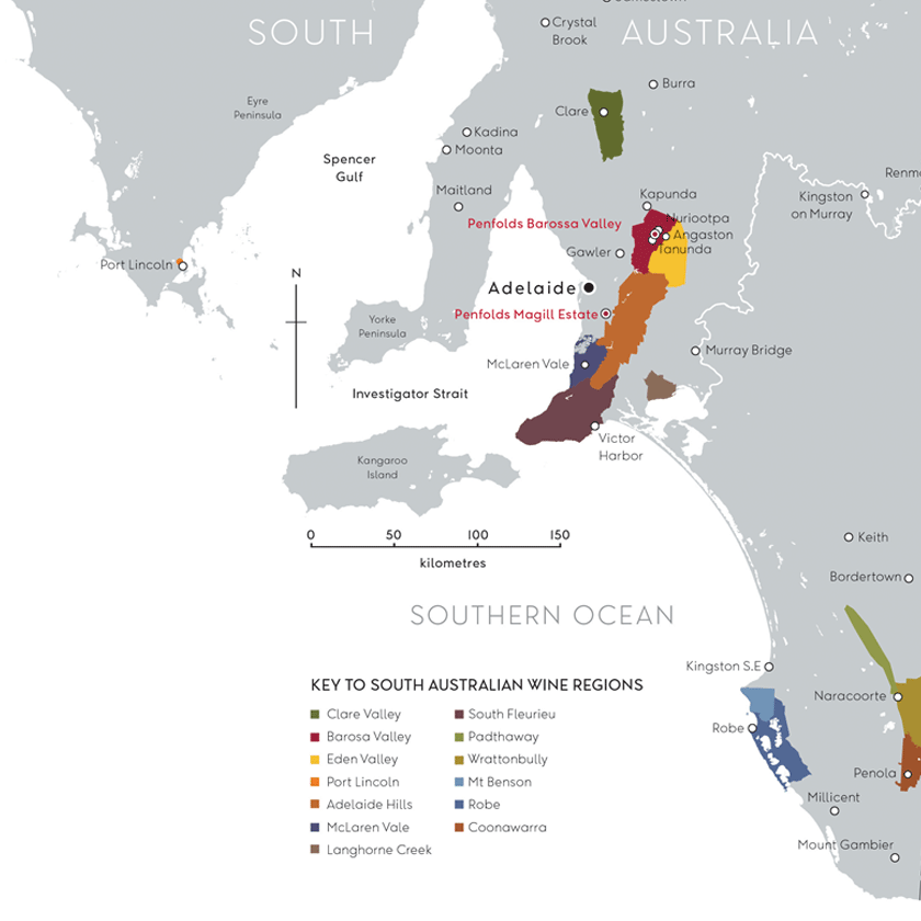 Map of South Australia with Barossa Valley marked